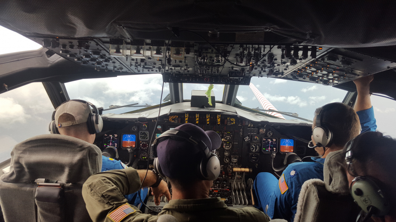A view from the flight deck of a NOAA WP-3D Hurricane Hunter aircraft as the team flies into Hurricane Harvey on August 24, 2017.