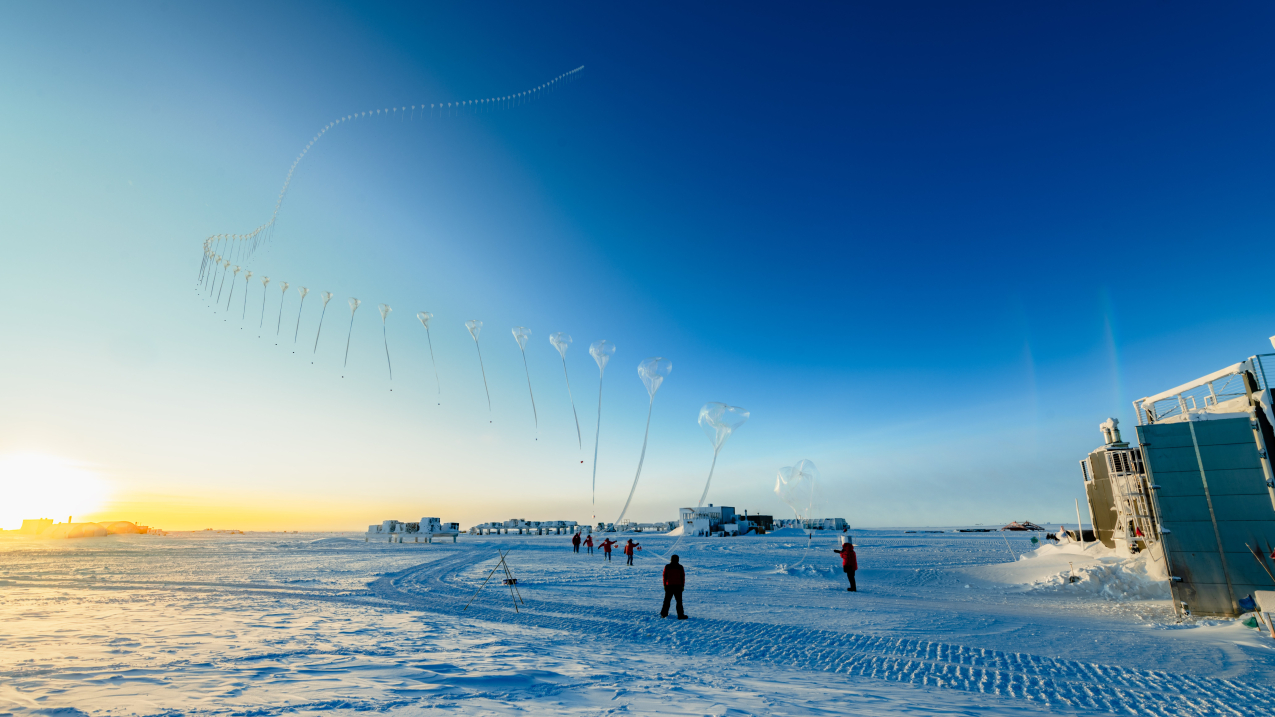 A NOAA ozonesonde -- an instrument used to help scientists monitor the Antarctic ozone hole -- ascends over the South Pole in this time-lapse photo taken October 21, 2020. Ideal weather conditions helped create a large, persistent ozone hole that will last into November 2020.