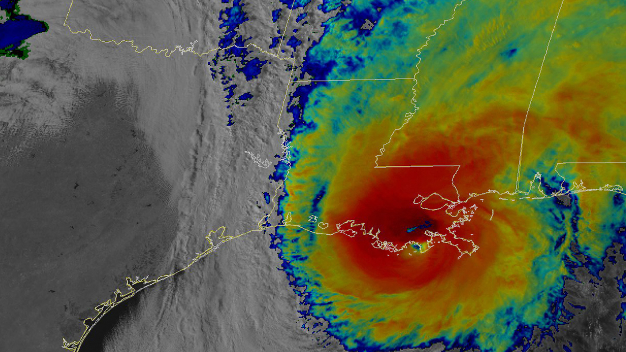 NOAA satellite imagery of Hurricane Zeta as it made landfall in southeastern Louisiana, near Cocodrie, the afternoon of October 28, 2020.