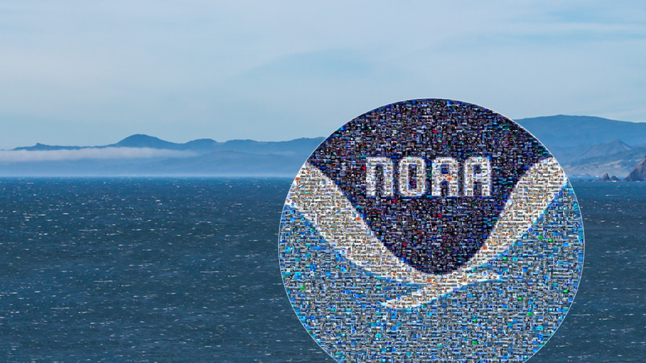 NOAA 50th homepage graphic with NOAA logo mosaic and ocean with mountains near Port Orford on the Oregon coast in the background.