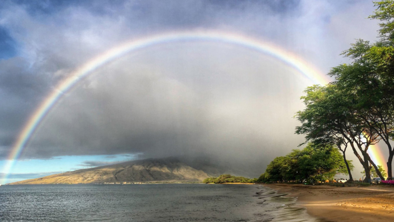 Early morning rainbow along the south shore of Maui taken on July 29, 2019 in the Hawaiian Islands Humpback Whale National Marine Sanctuary.  