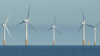 five wind turbines in water stemming from the horizon before a clear blue sky