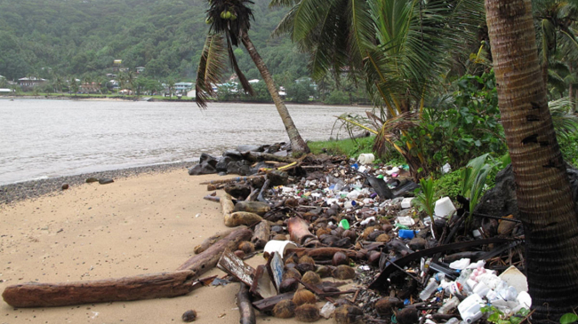 An image of marine debris piled up on a tropical beach in American Samoa.