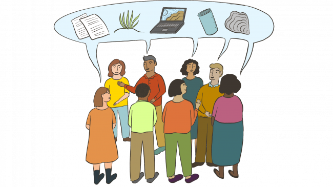 Illustration of a group of people contributing to a conversation bubble featuring ideas related to community resilience (paper report, vegetation, a laptop displaying a costal chart, a beaker, and an oyster). 