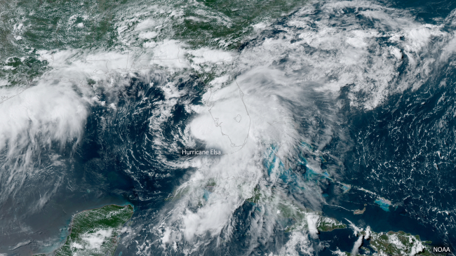 NOAA GOES-East satellite image of Hurricane Elsa as it moves up Florida’s west coast on July 6, 2021.