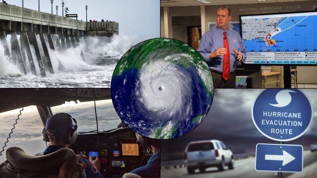 Collage depicts hurricane storm surge, NOAA National Hurricane Center Director Ken Graham presenting a forecast, evacuation route sign, and Hurricane Hunter pilot flying into a storm.