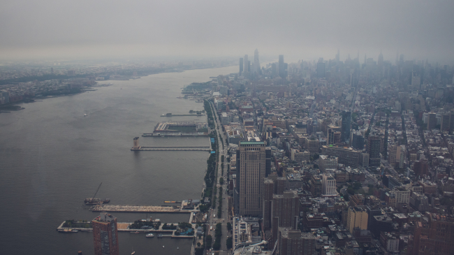 The Hudson River in NYC covered in smog. 
