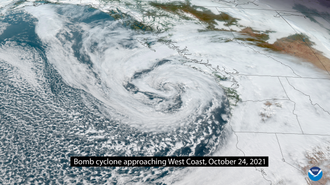 Satellite image of a powerful bomb cyclone as it neared the U.S. West Coast on October 24, 2021.