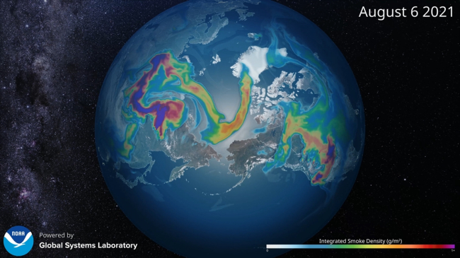 Visualization from NOAA's FV-Chem model that simulates how winds distribute smoke from fires in Siberia and North America around the northern hemisphere. 