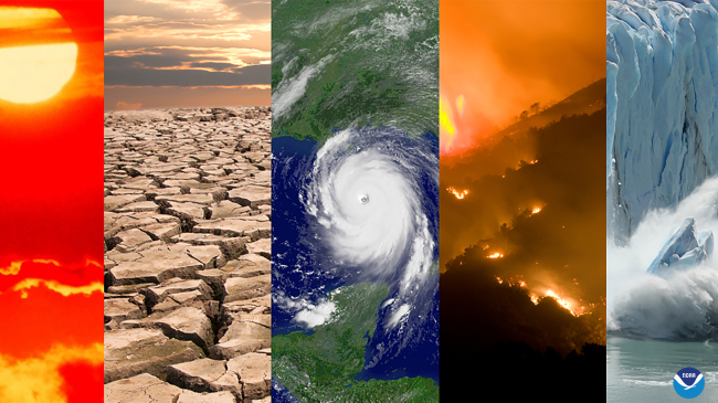 A collage of typical climate and weather-related events: heatwaves, drought, hurricanes, wildfires and changes in sea ice coverage.