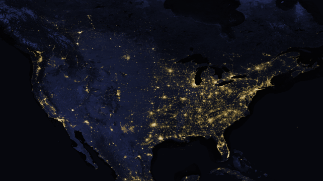 A nighttime lights image from 2020 of the contiguous U.S from the NOAA/NASA Suomi-NPP satellite's Day-Night Band. 