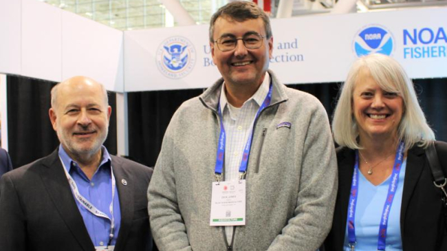NOAA Administrator, Dr. Richard Spinrad, Dick Jones of Blue Ocean Mariculture, and NOAA Fisheries Assistant Administrator, Janet Coit, at Seafood Expo North America in March 2022.