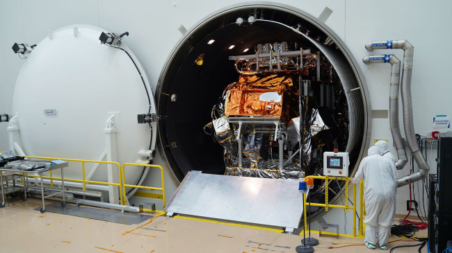NOAA's JPSS-2 satellite enters the chamber for its thermal vacuum test at the Northrop Grumman facility in Gilbert, Arizona. Photo: Northrup Grumman