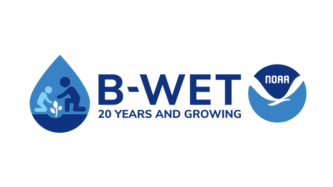 B-WET’s 20th Anniversary logo: "B-WET 20 years and growing.” To the left of the text is a water drop shape and inside there a sketch of two people kneeling with a plant between them.