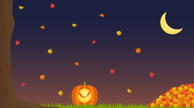 A graphic of a tree with fall-colored leaves falling onto the ground, a jack-o-lantern with the NOAA logo, a pile of leaves, and a crescent moon.