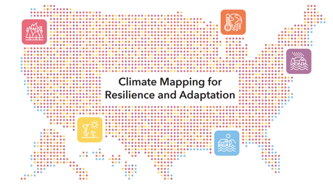 A graphic from the Climate Mapping for Resilience and Adaptation website showing depictions of climate hazards across the United States.
