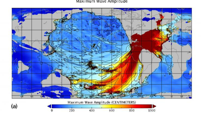 Maximum tsunami wave amplitude, in centimeters, following the asteroid impact 66 million years ago.