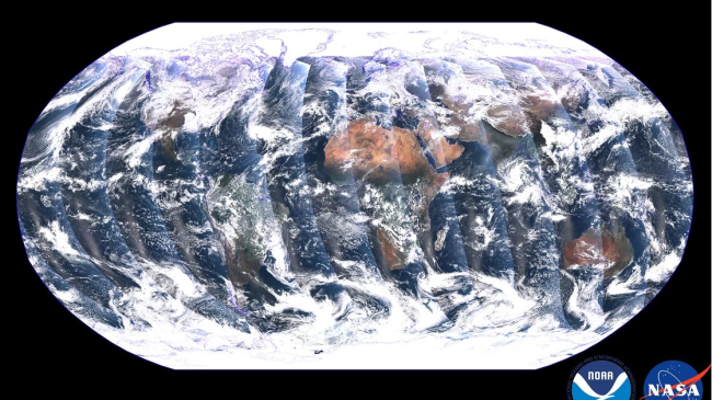 Unlike geostationary satellites, polar-orbiting satellites capture swaths of data throughout the full globe, and observe the entire planet twice each day. This global mosaic, captured by the VIIRS instrument on the recently launched NOAA-21 satellite, is a composite image created from these swaths over a period of 24 hours between Dec. 5 and Dec. 6, 2022. 
