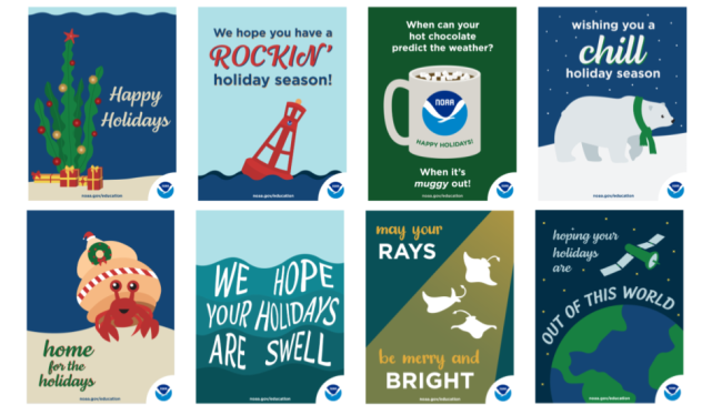 A grid of NOAA Education holiday cards. Each card features a NOAA-themed holiday aspect, including: A kelp tree, a buoy, a mug of hot chocolate, a polar bear, a hermit crab, swells, rays, and satellites.