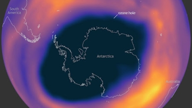 The hole over Antarctica at its maximum extent on October 7, 2021. Scientists define the "ozone hole" as the area in which ozone levels are depleted below 220 Dobson Units (dark blue, marked with black triangle on color bar). 