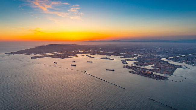 Sunset over the Ports of Los Angeles and Long Beach, California.