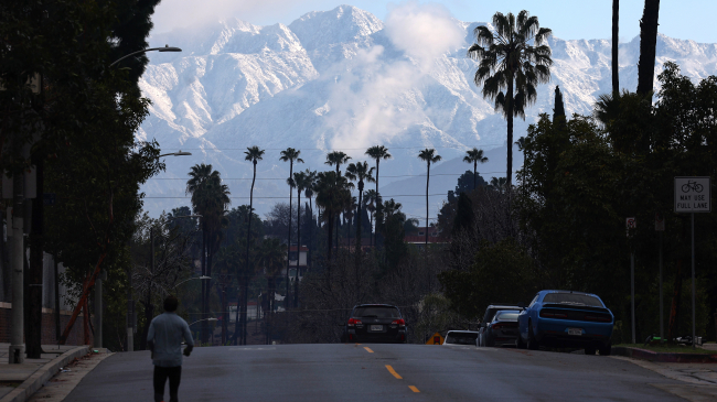 A person jogs as palm trees stand in front of snow-covered San Gabriel Mountains following a powerful winter storm.