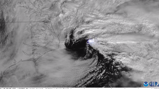 Imagery from NOAA's GOES East satellite taken 3/13/23 of a developing Nor'Easter.