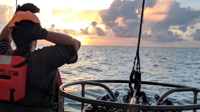 Photo showing scientist watching sunset between conductivity, temperature, and depth (CTD) casts during a Gulf of Mexico Hypoxia measurement cruise aboard the RV Pelican.