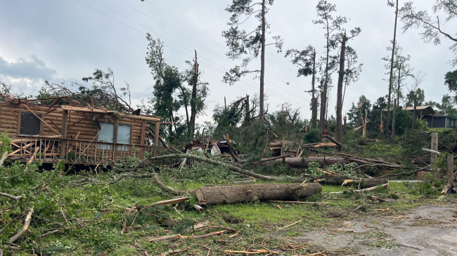 Damage from an EF-1 tornado that struck just south of the city of Eufaula in Barbour County, Alabama, on June 14, 2023. This tornado was part of a severe weather outbreak that contributed to the U.S. seeing 12 separate billion-dollar weather and climate disasters in the first six months of 2023.