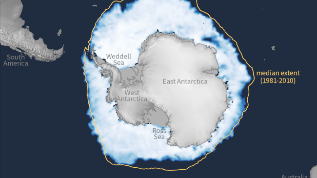Sea ice concentration around Antarctica on September 10, 2023, the date of the winter maximum ice extent. The ice extent — the total area where the ice cover is at least 15% — was the lowest on record by a wide margin. 