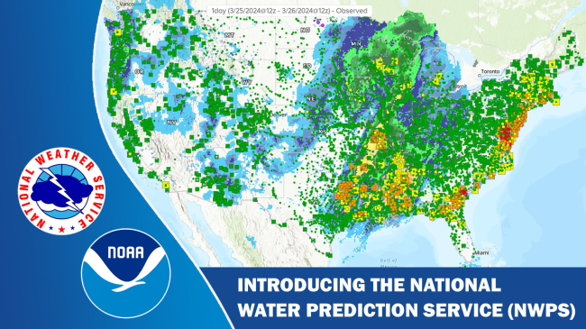 Image showing map from NOAA's new National Water Prediction Service (NWPS), transforming how water resources information and services are delivered, and providing a greatly improved user experience through enhanced displays. National Water Prediction Service (NWPS) map showing River Gauge observations and forecasts and associated precipitation estimates for March 26, 2024. This map should not be used for decision making.