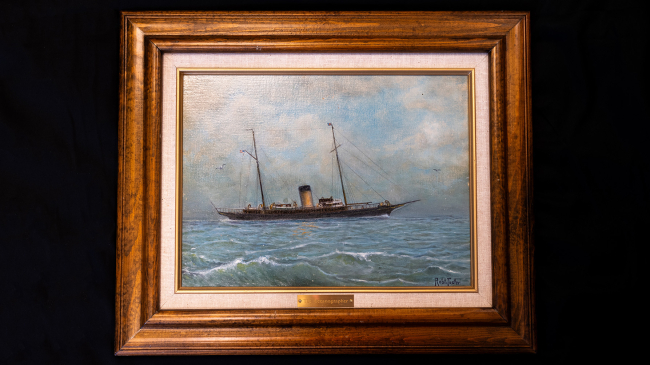 Painting of the Oceanographer by its crew member Robert Foster, circa 1935. The painting shows the steamer on the ocean, facing to the right and is in a wooden frame.