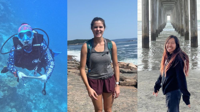 Collage: Chloe McKenna scuba diving, Claire Cutler hiking along a rocky beach, Kristi Ryono standing under a tall pier. 