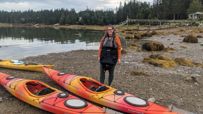 Ariela Zycherman prepares for a kayak trip in the coastal waters off Stonington, Maine.
