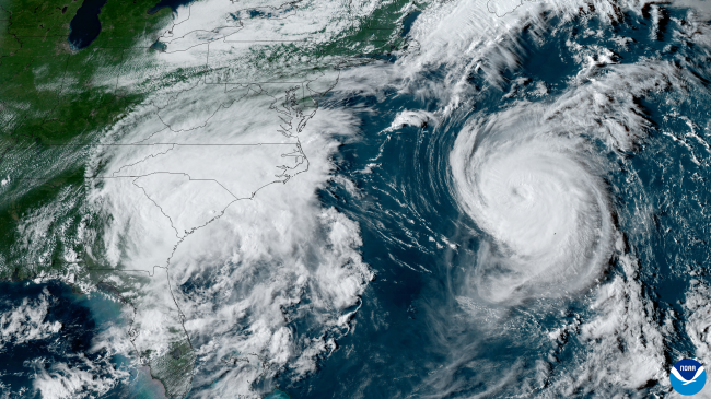 GeoColor imagery from NOAA's GOES-16 satellite of Tropical Storm Idalia and Hurricane Franklin on August 30, 2023