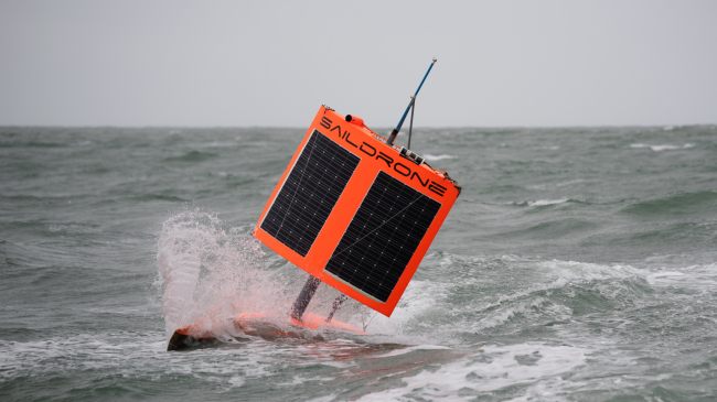 Saildrone 1020 approaches Point Bluff, New Zealand, in stormy conditions after completing the first unmanned circumnavigation of Antarctica in early August 2019. It sailed more than 13,000 miles around the Southern Ocean in 196 days. 
