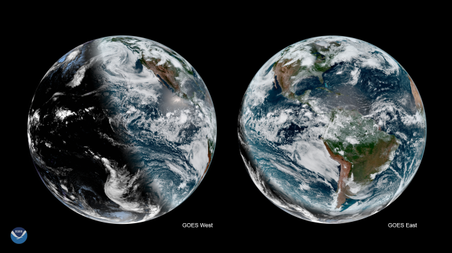 Two satellite images of the earth taken at the same time by two different satellites. The image on the left is of the Pacific Ocean and West Coast of North and South America and shows the nighttime shadow angled due to the axial tilt on the solstice. The image on the right shows a nearly fully illuminated view of the Earth showing North and South America.