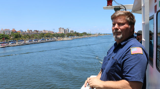 NOAA Chief Engineer Tim Olsen aboard NOAA Ship Nancy Foster looks toward Old Havana as the ship pulls into Cuba on May 8, 2016 for the first time.