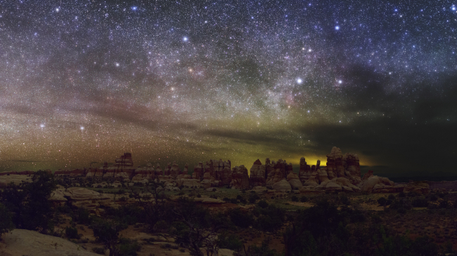 A tapestry of stars illumines night sky above Dollhouse, Canyonlands National Park, USA. Light pollution now blots out the Milky Way for more than one-third of humanity, according to a new international study, but in the United States, some national parks still host stunning night skies.