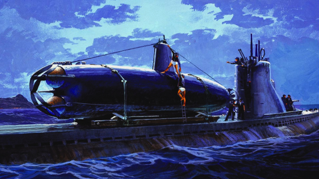 Mounted on the after deck of the “mother” submarine I-24, midget submarine HA-19 is boarded by its crew, Kazuo Sakamaki and Kiyoshi Inagaki, in the pre-dawn hours of December 7, 1941.