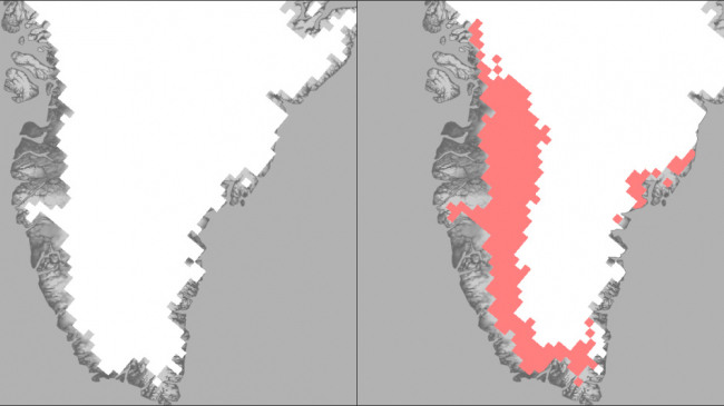After a few days of summer-like temperatures, satellites detected melting (pink areas) on more than 10% of the Greenland Ice Sheet on April 11, 2016.
