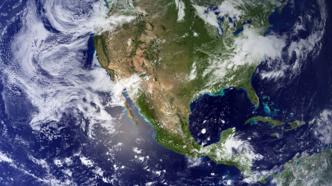A true color satellite image of North America with some cloud cover.