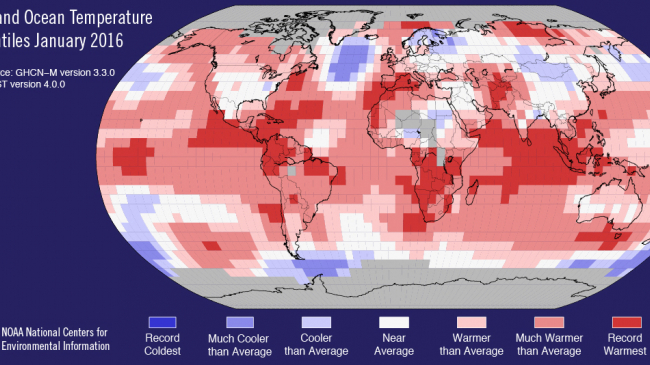 Land and ocean temperature precentiles January 2016.