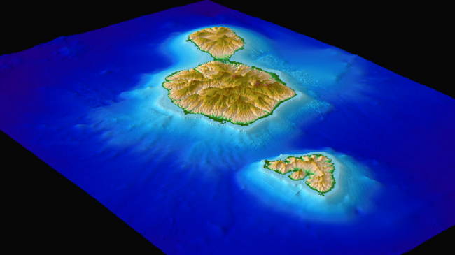 A digital elevation model (DEM) image for  the Society Islands, French Polynesia, in the South Pacific. This DEM was built for the NOAA Tsunami Warning Centers to aid in forecasting throughout the Pacific Basin.