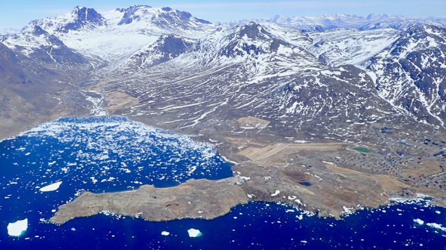Eyeing the Arctic: The southern Greenland town of Narsaq. Photo taken during a NASA Operation IceBridge flight April 26, 2018. Learn more this project at nasa.gov/icebridge.