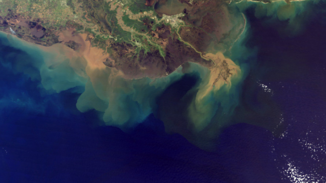 This NASA Earth Observatory image shows the region where the Mississippi River meets the Gulf of Mexico. It illustrates how sediment is moved from the land to the sea. The Mississippi River carries millions of tons of nutrient-rich sediment into the Gulf each year.