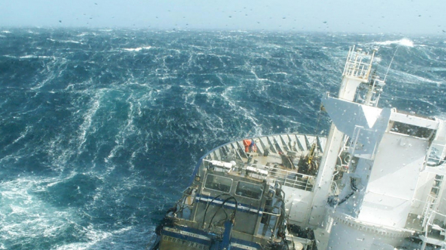 A research vessel braves the strong westerly winds of the Roaring Forties during an expedition to measure levels of dissolved carbon dioxide in the surface of the ocean.