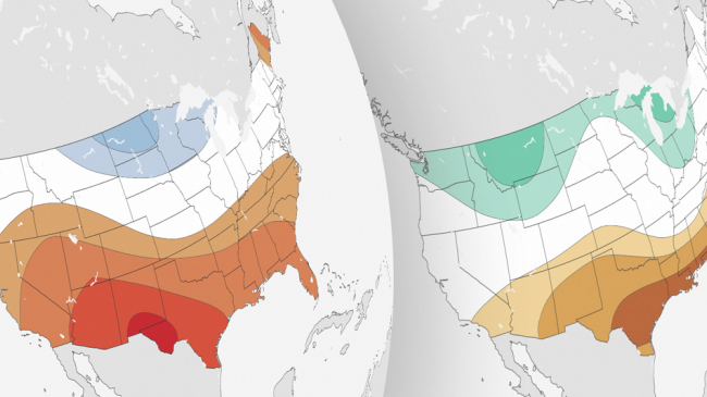 U.S. winter temperature (left) and precipitation (right) outlooks for 2016-17.