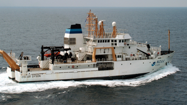 NOAA Ship Oscar Dyson steers through open water in the Gulf of Alaska. 