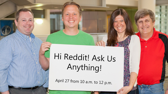 NOAA scientists (from left) Patrick Marsh, Adam Clark, Kim Klockow and Harold Brooks will take your questions about tornado forecasting and severe weather research during a live chat on Reddit, April 27, 2017. 

